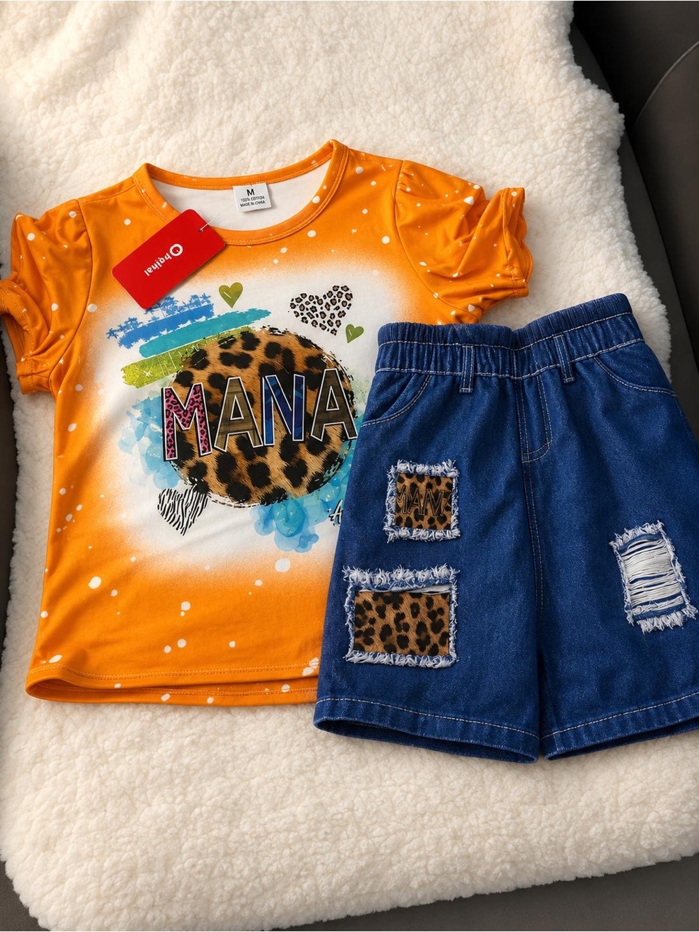 Mana Orange Graphic Tee & Denim Shorts Set - Kids
